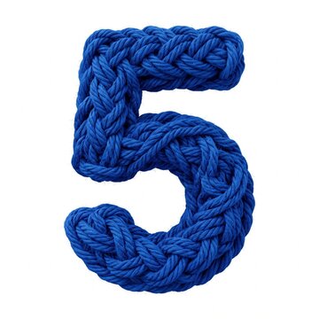 Handcrafted blue yarn rope number five isolated on white background for design