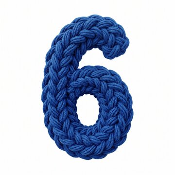 Handcrafted blue yarn number six isolated on white background for craft design