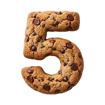 Crunchy chocolate chip cookie shaped like the number five on white background