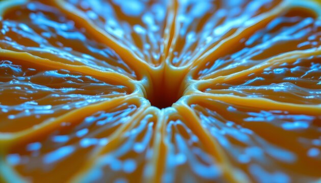 The image features a close up view of a sliced citrus fruit, revealing the vibrant interior with bright yellow orange flesh and numerous juice filled vesicles