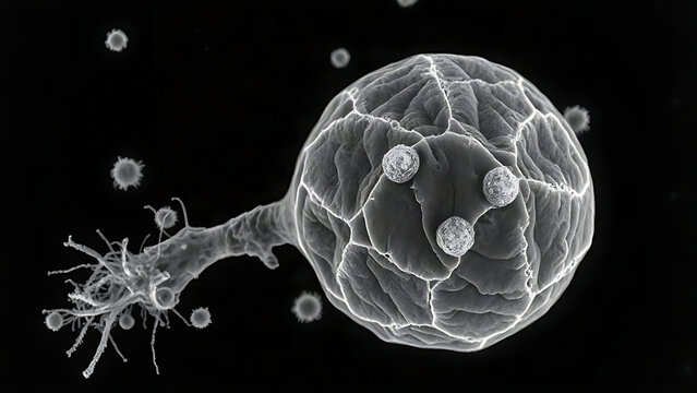Cell apoptosis under electron microscope, scientific research concept