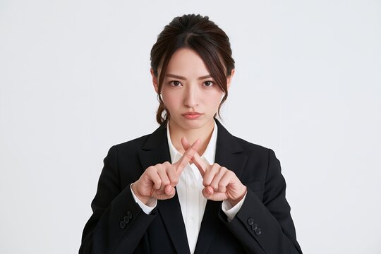 ビジネスウーマンがバツ印で不満と拒否を示す真剣な表情