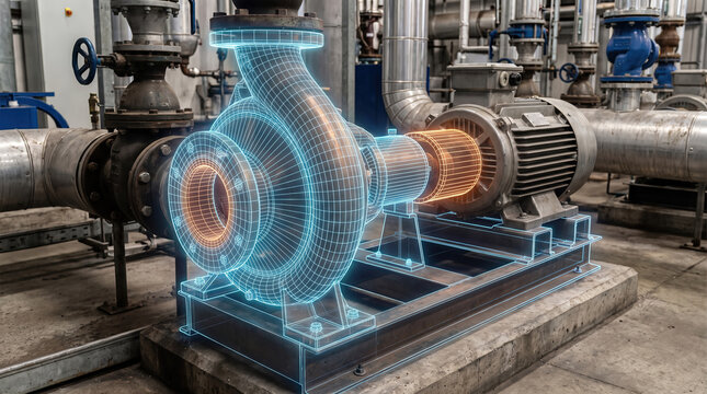 An industrial water pump in a mechanical plant environment, overlaid with a glowing blue and orange digital 3D wireframe mesh representing engineering design, CAD modeling, and digital twin technology