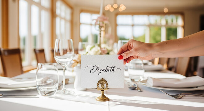 Hand placing a name card on an elegantly set dining table  