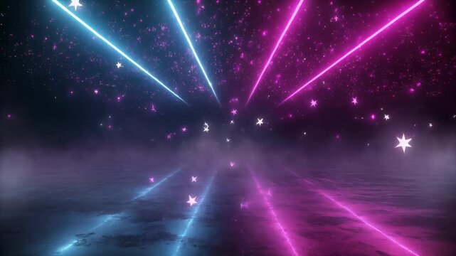 Neon Light Tunnel with Star Particles Abstract Background in Motion