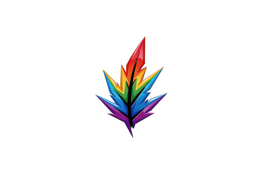 Stylized rainbow colored feather shaped like a maple leaf with sharp edges and glossy reflective surfaces isolated on a transparent background