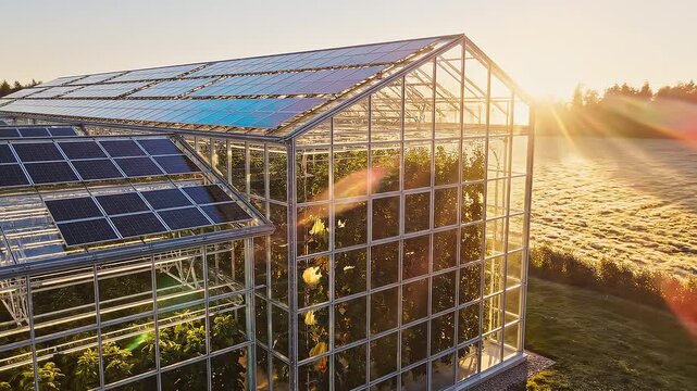 Modern Glass Greenhouse with Solar Panels on the Roof for Sustainable Farming and Agriculture