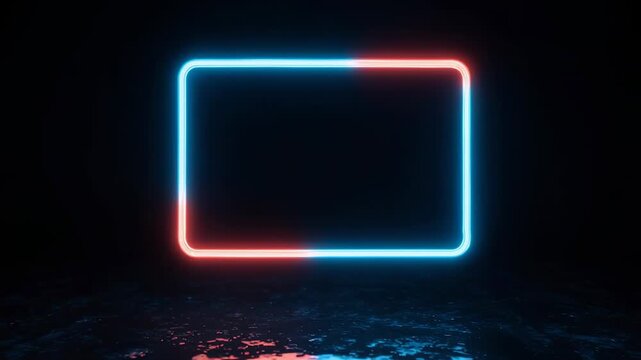 Neon rectangle frames pulsing with blue and red light over wet reflective surface
