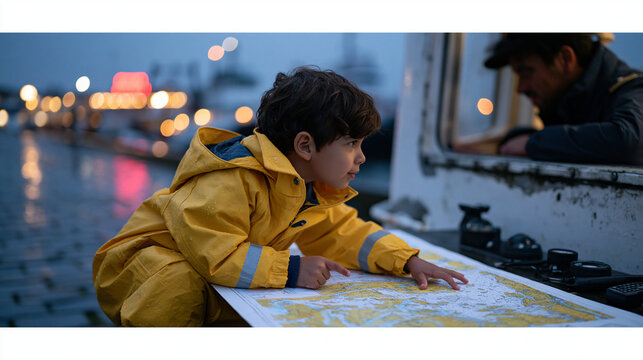 Rain soaked cobblestones reflect neon harbor signs as a young child in a yellow slicker crouches at dock level watching a tugboat captain chart tide maps through a weathered
