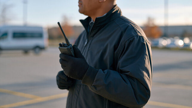 Close-up of a mall security officer's gloved hands gripping a walkie-talkie in a quiet rural edge mall, the parking lot beyond largely empty, a men's health screening van visible