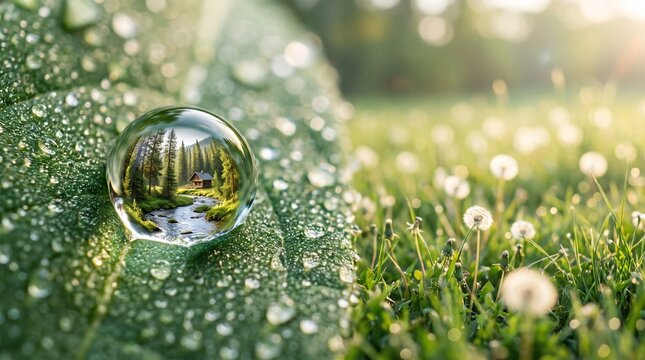 A large dewdrop on a green leaf reflecting a scenic forest landscape at sunrise in nature