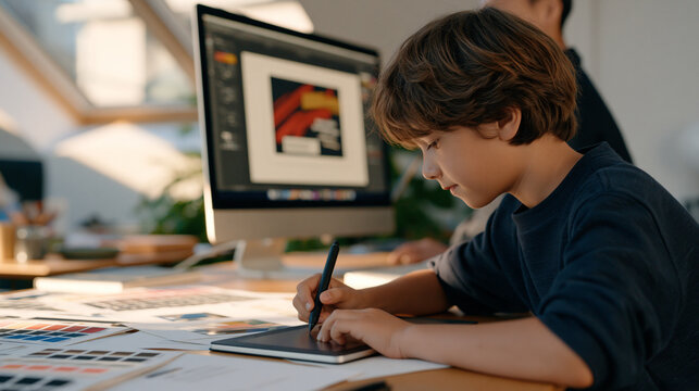 Graphic design studio seen from a child's low angle view, towering monitors displaying bold layouts, adult designer's hands adjusting stylus on tablet, harsh overhead sun