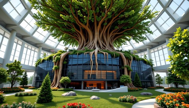 The image depicts a large, modern indoor atrium with a circular glass roof that allows natural light to fill the space