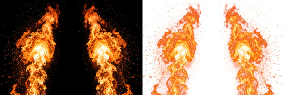 Symmetrical twin rocket engine exhaust flames with sparks on black and white backgrounds