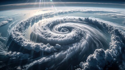 Obraz premium Massive hurricane vortex spins over dark ocean. White clouds swirl in vast storm system. Sun rays pierce atmosphere, showing immense weather power.