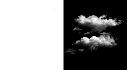 Naklejka premium Realistic white clouds on black background, fluffy cumulus cloud overlay for photo editing, isolated atmospheric vapor elements