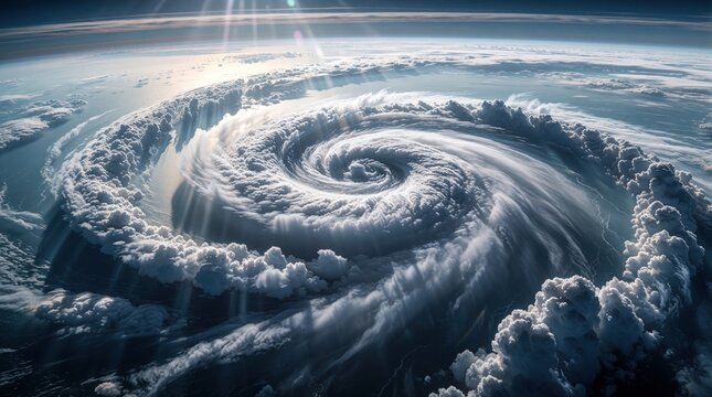 Massive hurricane vortex spins over dark ocean. White clouds swirl in vast storm system. Sun rays pierce atmosphere, showing immense weather power.