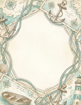 Travel frame featuring vintage maps, anchors, and rope for coastal summer memories