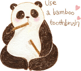 Cute panda with bamboo toothbrush and text quote, zero waste colored pencil illustration © UYAOWL