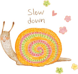 Cute snail with slow life text quote, eco friendly colored pencil illustration © UYAOWL