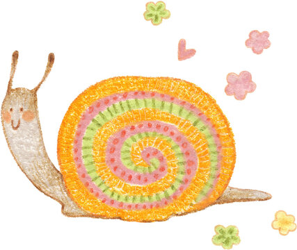 Cute snail character colored pencil illustration, slow living and nature concept