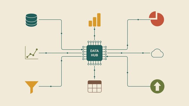 Data hub integration concept with a central processor chip connected by circuit lines to a database, cloud storage, pie chart, line graph, filter, and spreadsheet icons
