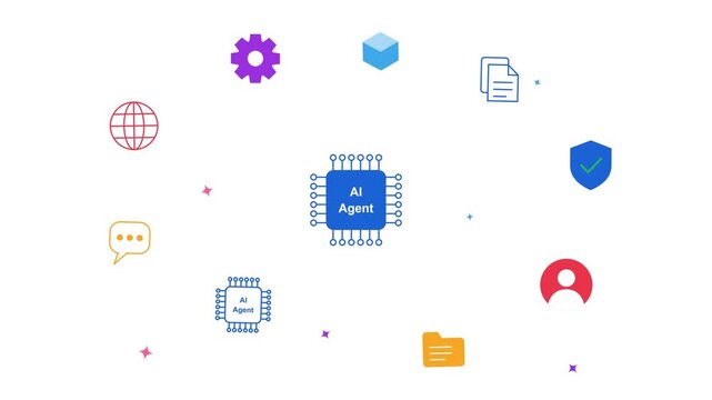 AI agent workflow automation concept with a processor chip surrounded by floating gear, globe, document, folder, chat bubble, and user icons on a clean white background
