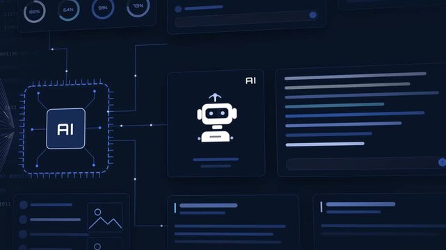 Artificial intelligence dashboard interface with an AI processor chip, chatbot robot, neural network connections, progress rings, and streaming binary code on dark blue
