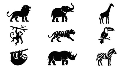 Obraz premium Black safari animal silhouettes set on white background.