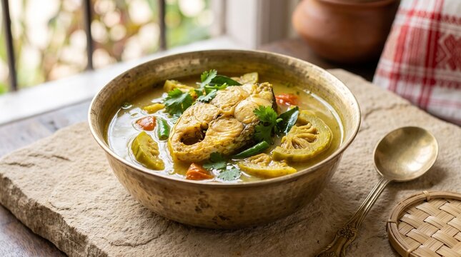 Traditional Assamese Ou Tenga Sour Fish Curry in Bell Metal Bowl
