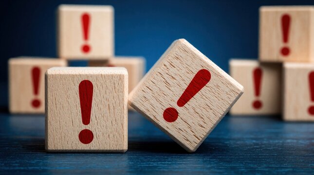 Wooden blocks show red exclamation marks. Objects represent caution risk alert and important message. These symbols emphasize safety and attention needs.