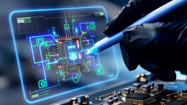 Gloved hands manipulate holographic circuit board over motherboard with blue light