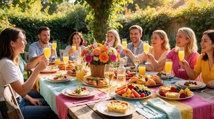 Fototapeta premium Family, friends celebrate together with mimosas, food on sunny garden patio. People laugh, toast at beautifully set table with fresh flowers, abundant brunch dishes. Scene captures joy, togetherness