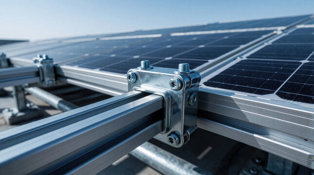 Close up of solar panel mounting system with aluminum rails and steel clamps. Detailed view of a secure and professional installation for renewable energy. Focus on hardware and construction.