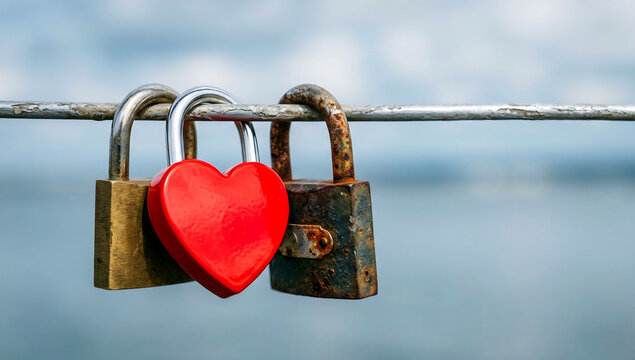 Bright Red Heart Shaped Love Lock Attached to Bridge Railing with Rusty Padlocks