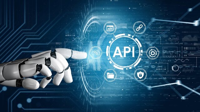Futuristic Robotic Hand Interacting with Digital Interface Featuring API Symbols and Technology Icons for Innovation and Automation. Entropy.
