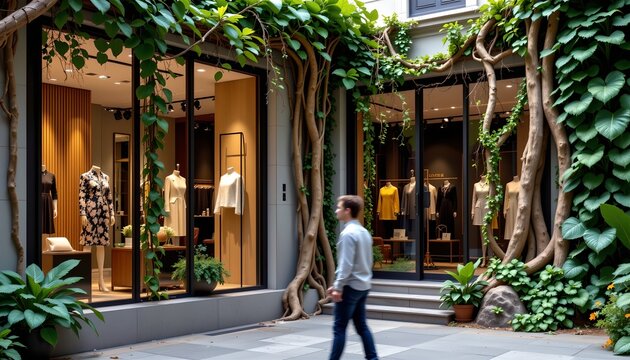 The image depicts a storefront with large glass windows showcasing a clothing display inside