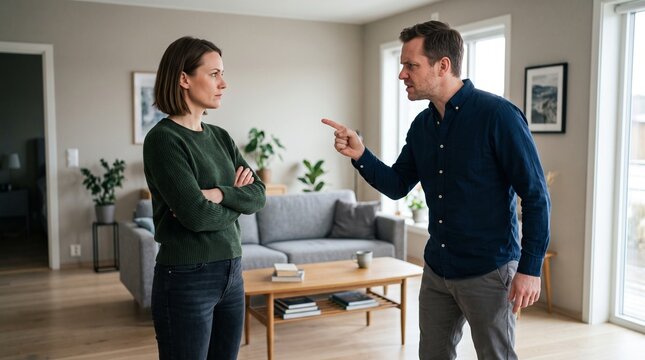 A couple having a heated argument at home. The man is pointing his finger at the woman, who has her arms crossed and looks upset