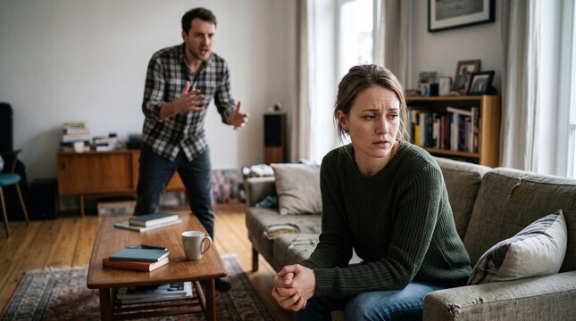 A man shouting at a woman sitting on a couch, illustrating domestic conflict and emotional distress