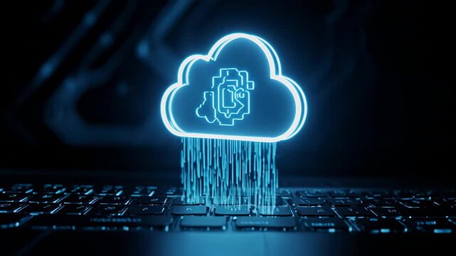 Glowing digital cloud uploading data with fingerprint lock on keyboard background in cinematic motion