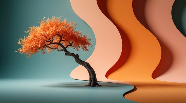 Bent tree with orange leaves on wavy abstract background. Minimalist scene with smooth shapes and soft lighting. Autumnal colors create a serene graphic design aesthetic.