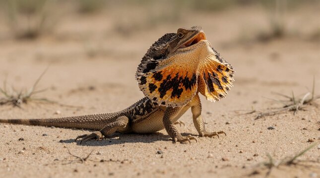 Frilled lizard stands on sandy ground with colorful neck frill open, displaying patterned skin, head. Reptile poses aggressively showing impressive neck display, threatening predator. Frilled lizard