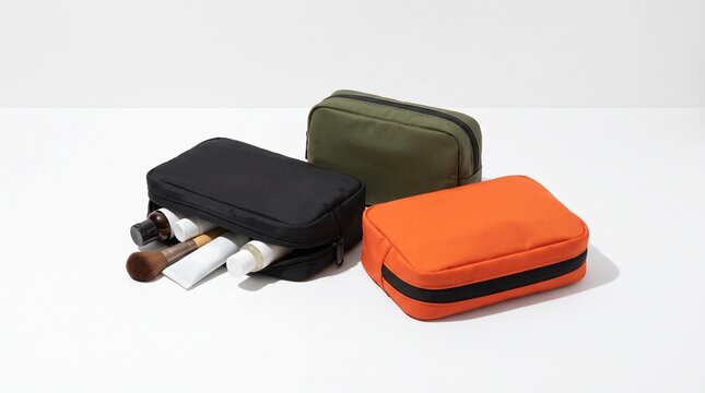 Three Colorful Travel Cosmetic Bags and Toiletry Pouches in Black, Green and Orange with Skincare Products on a White Studio Desk.