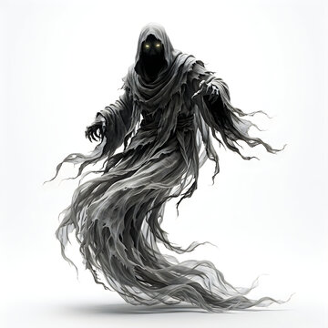 Horror grim reaper illustration with glowing yellow eyes in tattered gray robe. Dark demonic monster character floating on isolated white background for spooky graphic design.