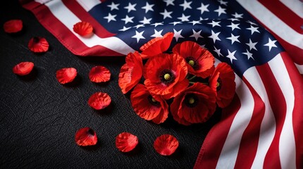 Obraz premium Red poppies and petals lay near an American flag on black surface. Symbol of remembrance, sacrifice, and honor for Memorial Day and Veterans Day.
