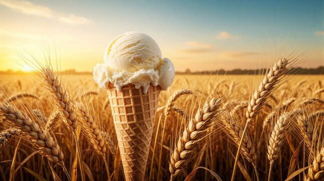Vanilla ice cream cone stands in a golden wheat field at sunset. The warm light illuminates the ripe grain and a sweet, creamy dessert treat.