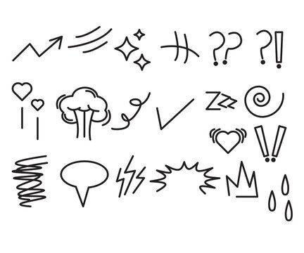 Line element movement hand drawn set. Line doodle sketch hand drawn movement effect icon pencil brush chalk stroke. Cute comic manga emoji emotion stars sparkle heart expression. Vector illustration