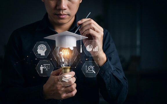 Man holding a glowing light bulb wearing a graduation cap with educational icons in the air