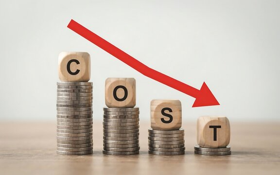 Wooden blocks spelling cost on decreasing coin stacks with a red downward arrow concept