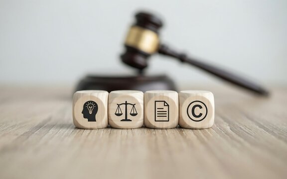 Wooden blocks with copyright icons and judge gavel representing intellectual property law